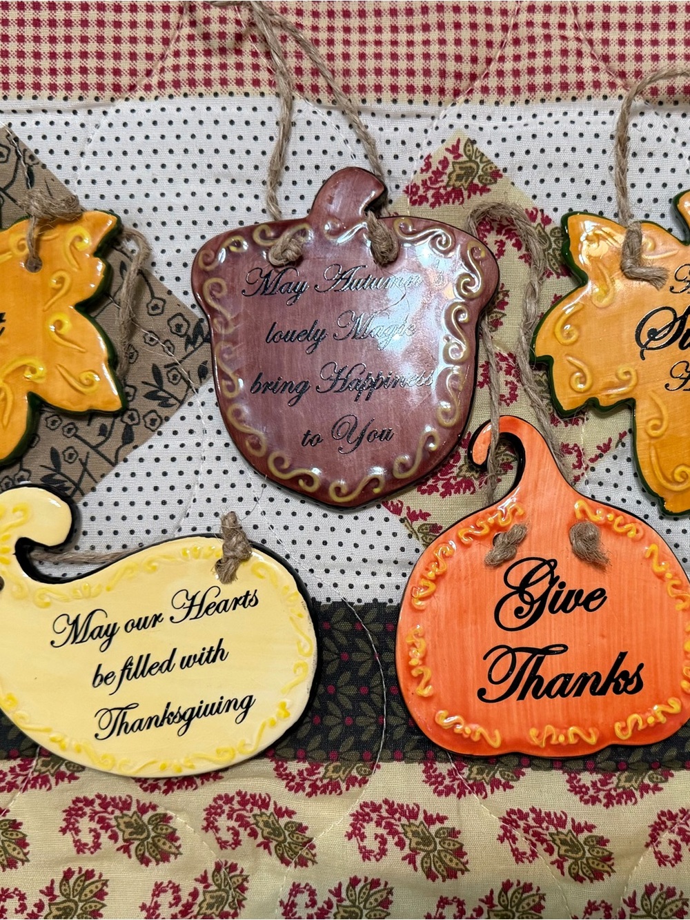 Fall Ceramic Hanging Pumpkins and Apple Plaques - Orange, Yellow, Brown, gold.